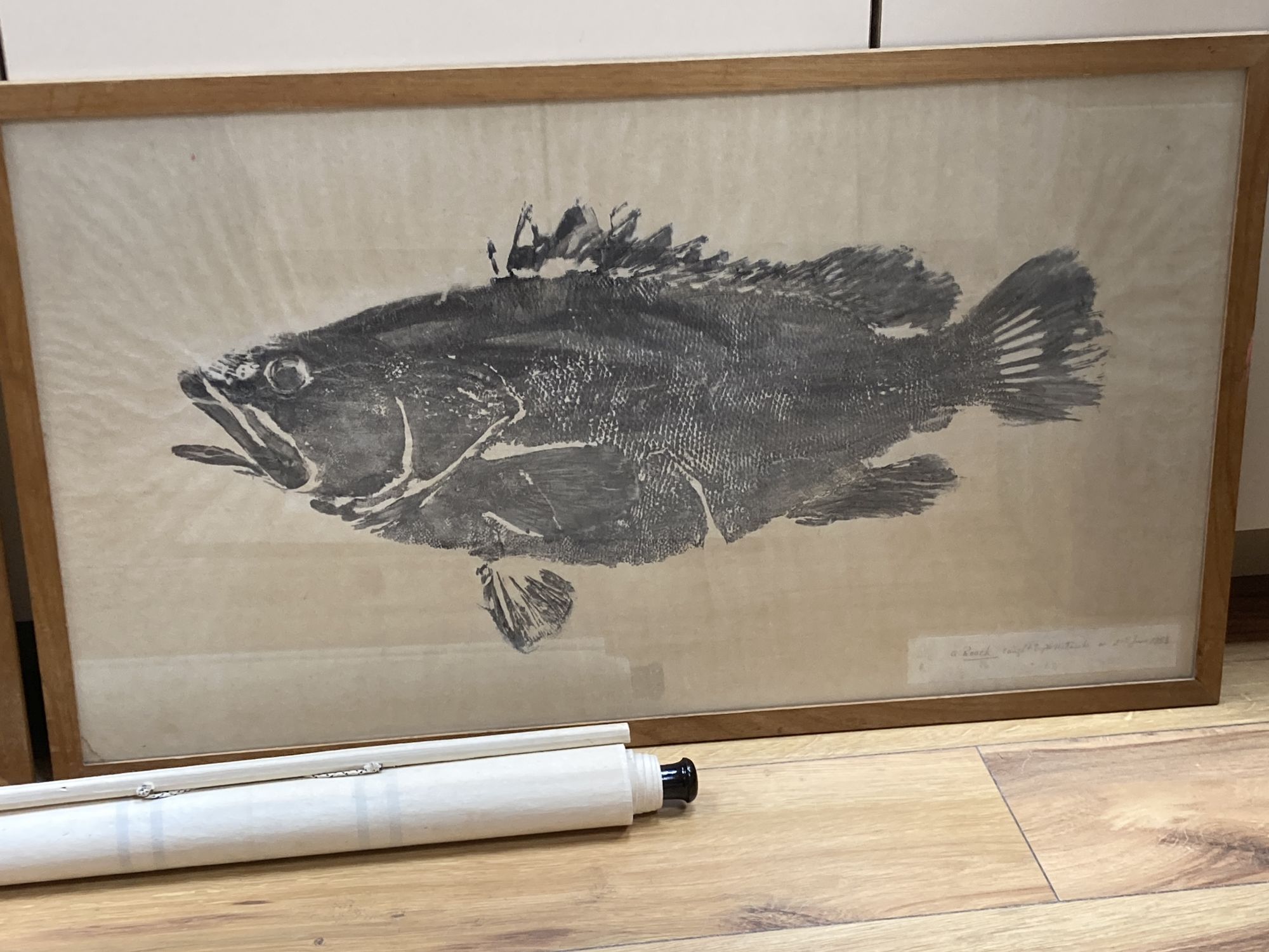 Two life size impressions of a Roach, caught by Mr Nakasaki, 1953, 41 x 73cm and 37 x 62cm, a Chinese scroll print and a woodblock prin